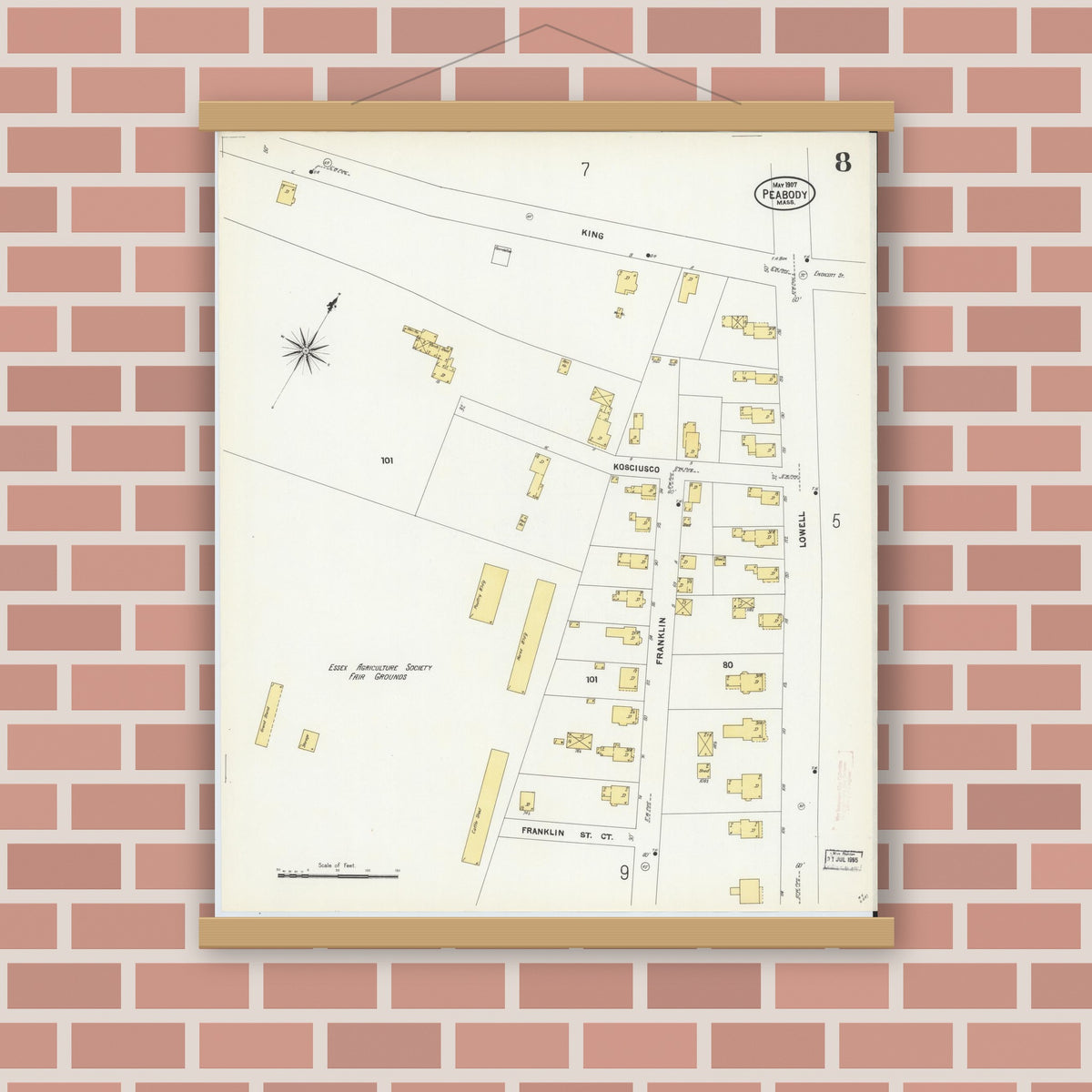 Old map wall art mockup — magnetic wood frame on brick wall — Sanborn Fire Insurance Map from Peabody, Essex County, Massachusetts (1907), Sheet #0008