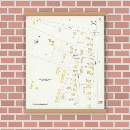Old map wall art mockup — magnetic wood frame on brick wall — Sanborn Fire Insurance Map from Peabody, Essex County, Massachusetts (1907), Sheet #0008