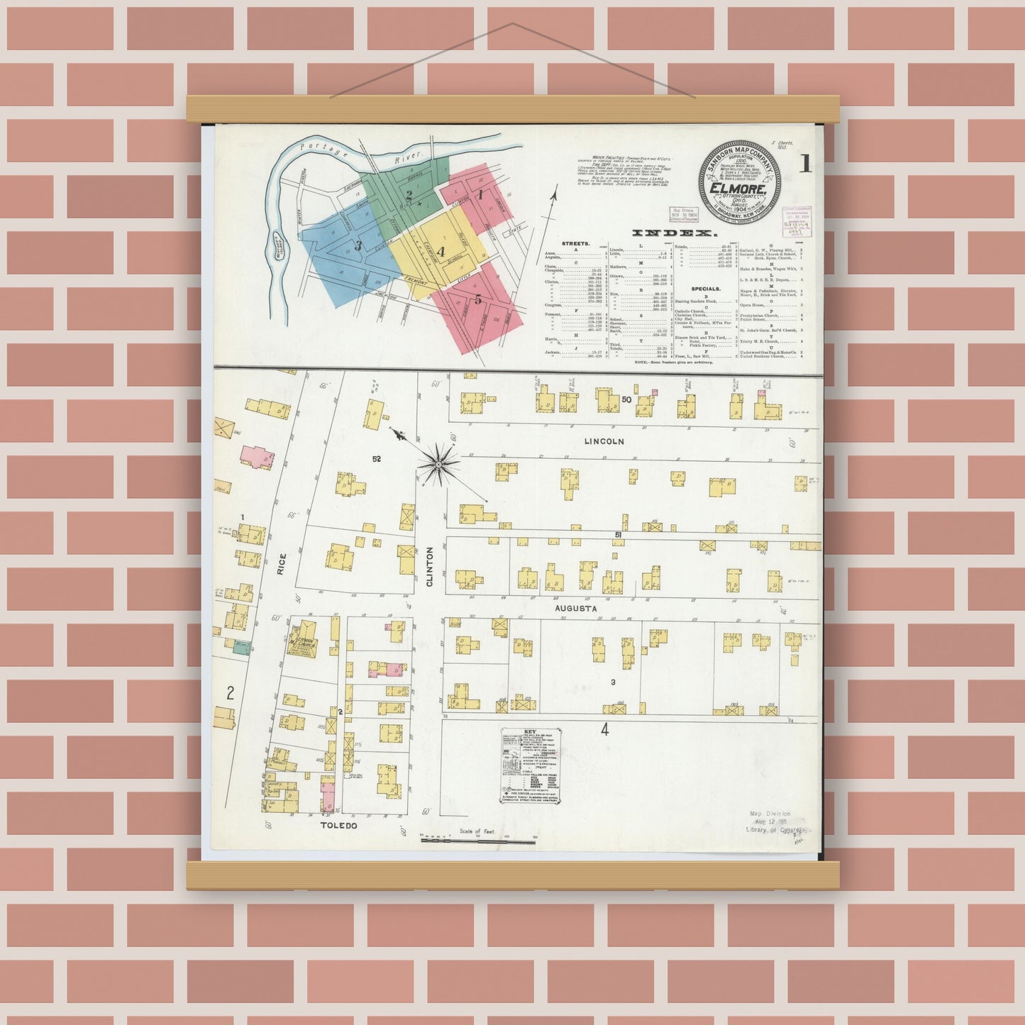 Old map wall art mockup — magnetic wood frame on brick wall — Sanborn Fire Insurance Map from Elmore, Ottawa County, Ohio (1904) - Complete Map Set