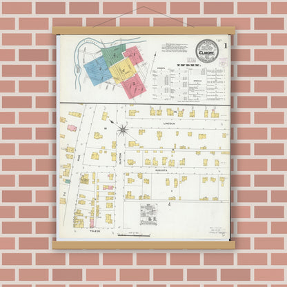 Old map wall art mockup — magnetic wood frame on brick wall — Sanborn Fire Insurance Map from Elmore, Ottawa County, Ohio (1904) - Complete Map Set