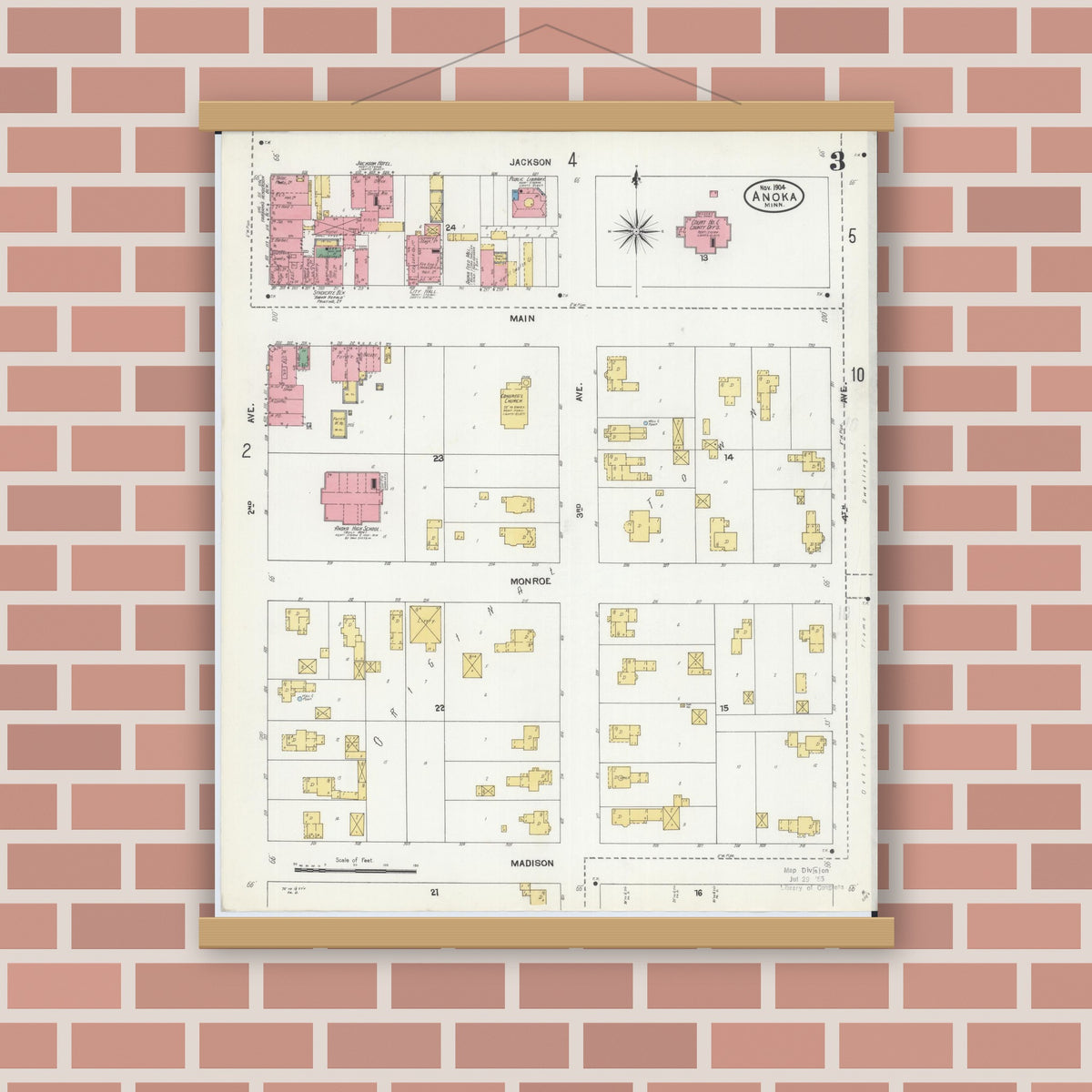 Old map wall art mockup — magnetic wood frame on brick wall — Sanborn Fire Insurance Map from Anoka, Anoka County, Minnesota (1904), Sheet #0003