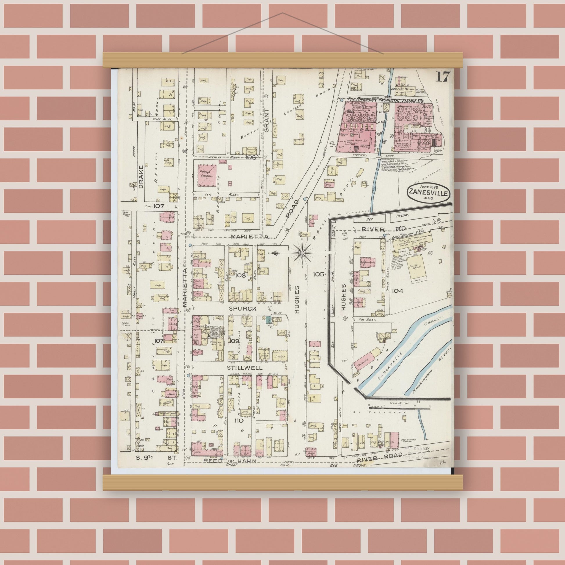 Old map wall art mockup — magnetic wood frame on brick wall — Sanborn Fire Insurance Map from Zanesville, Muskingum County, Ohio (1886), Sheet #0017