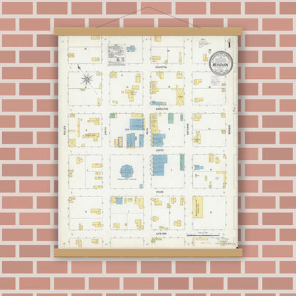Old map wall art mockup — magnetic wood frame on brick wall — Sanborn Fire Insurance Map from Meridian, Bosque County, Texas (1903), Sheet #0001