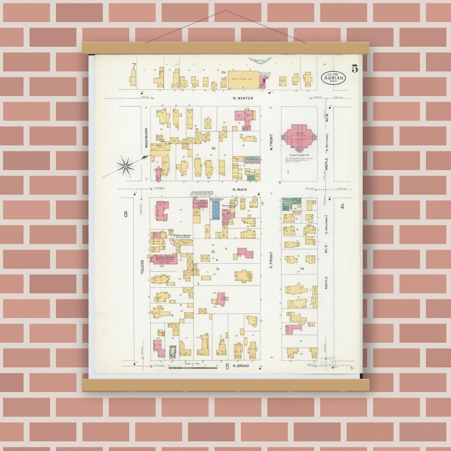 Old map wall art mockup — magnetic wood frame on brick wall — Sanborn Fire Insurance Map from Adrian, Lenawee County, Michigan (1908), Sheet #0005