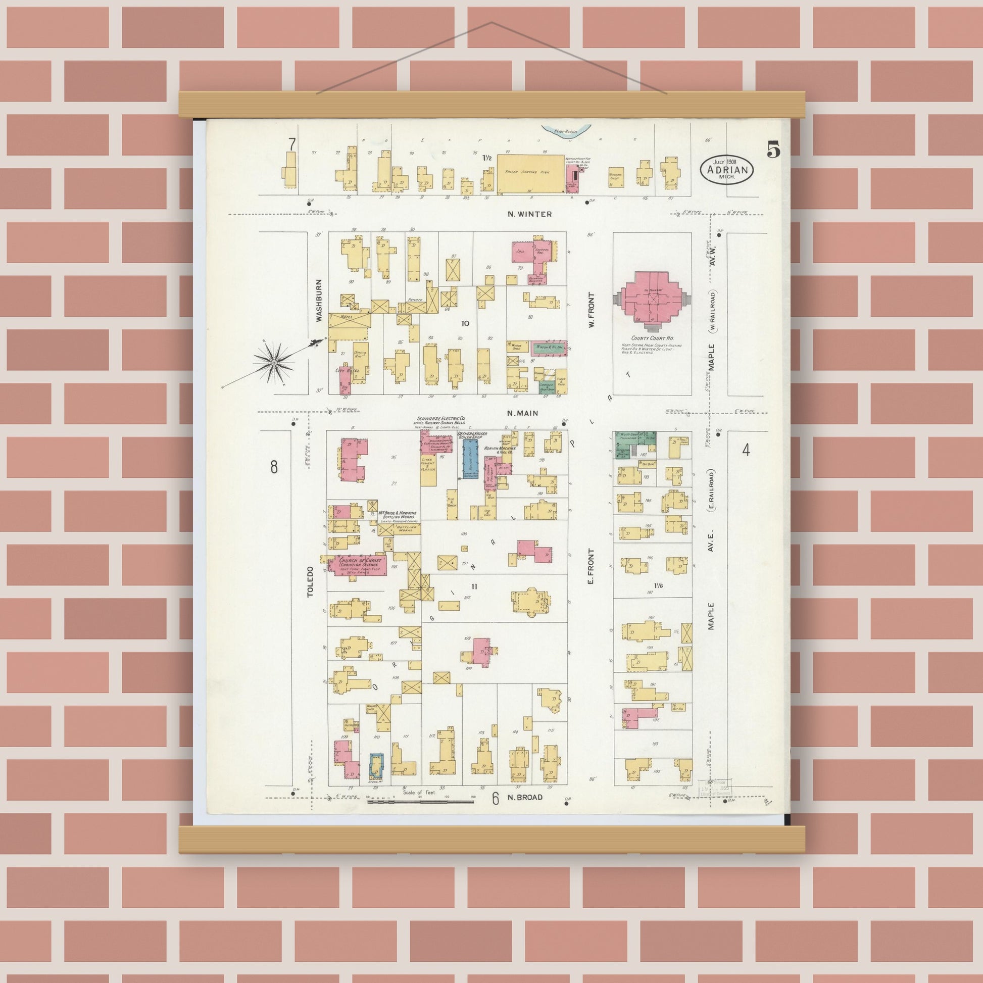 Old map wall art mockup — magnetic wood frame on brick wall — Sanborn Fire Insurance Map from Adrian, Lenawee County, Michigan (1908), Sheet #0005