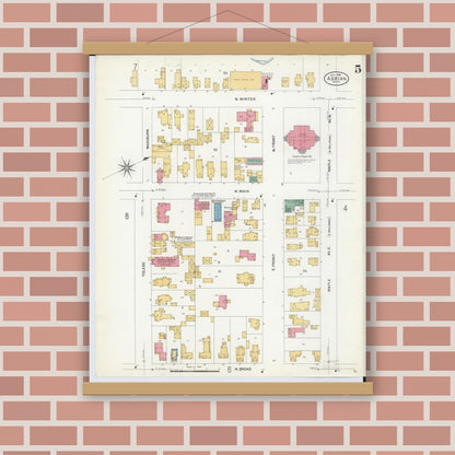 Old map wall art mockup — magnetic wood frame on brick wall — Sanborn Fire Insurance Map from Adrian, Lenawee County, Michigan (1908), Sheet #0005