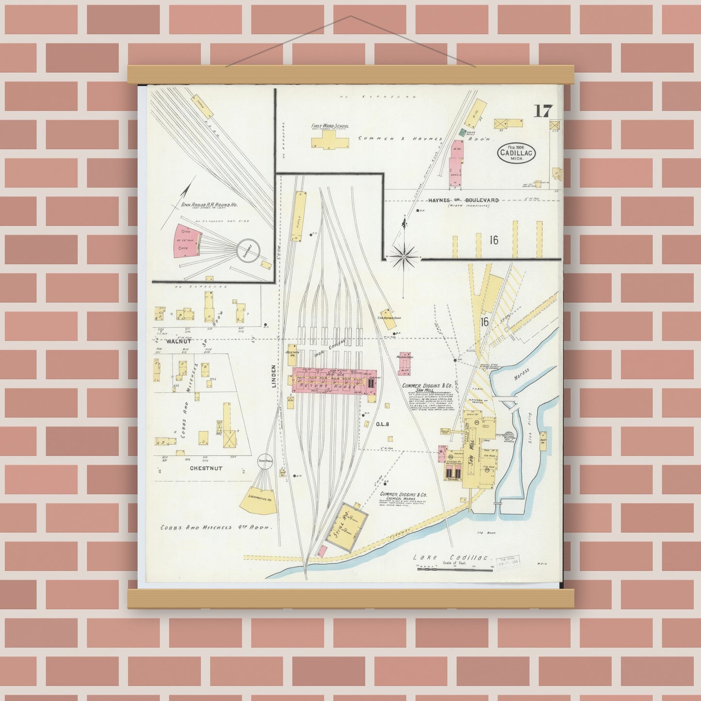 Old map wall art mockup — magnetic wood frame on brick wall — Sanborn Fire Insurance Map from Cadillac, Wexford County, Michigan (1906), Sheet #0017