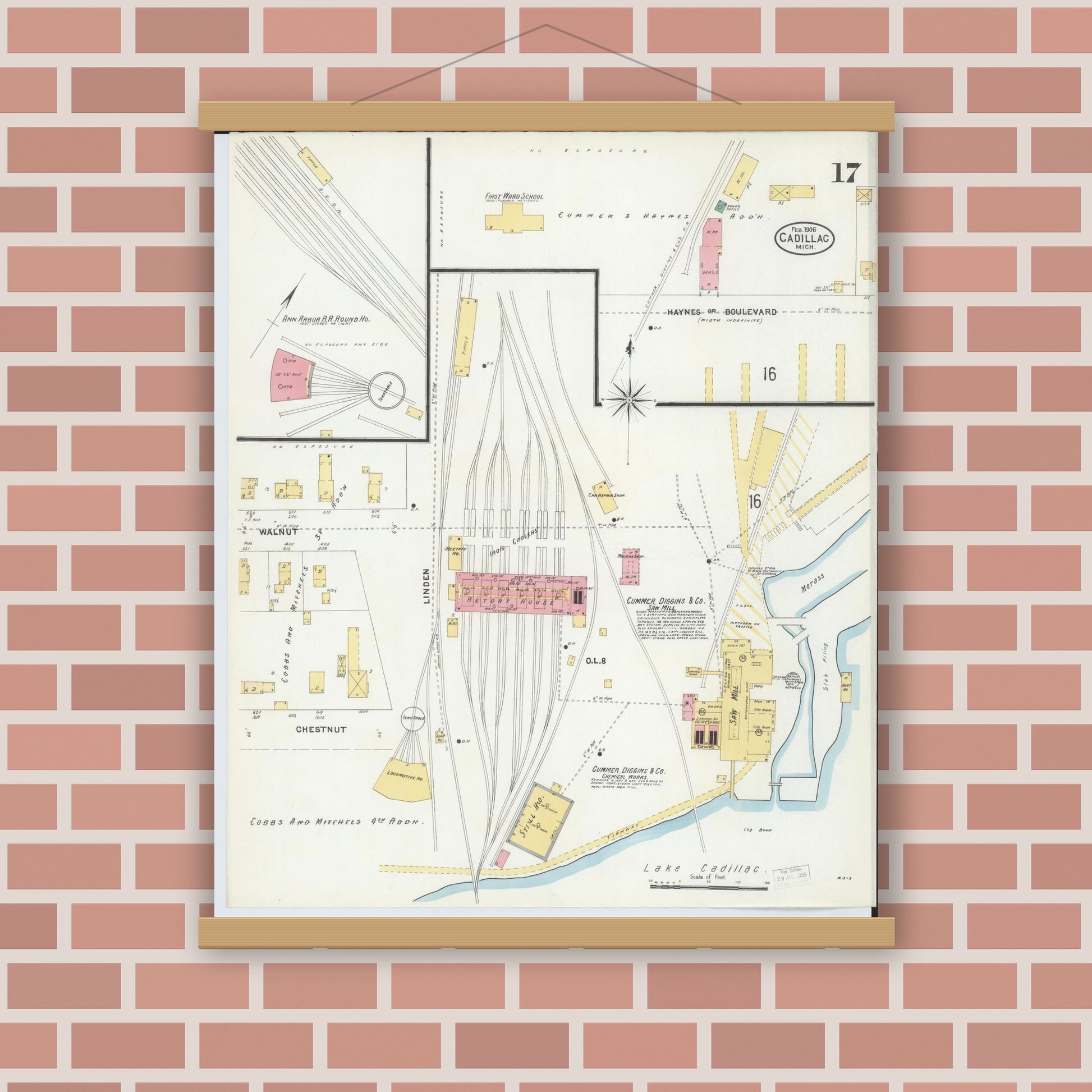 Old map wall art mockup — magnetic wood frame on brick wall — Sanborn Fire Insurance Map from Cadillac, Wexford County, Michigan (1906), Sheet #0017