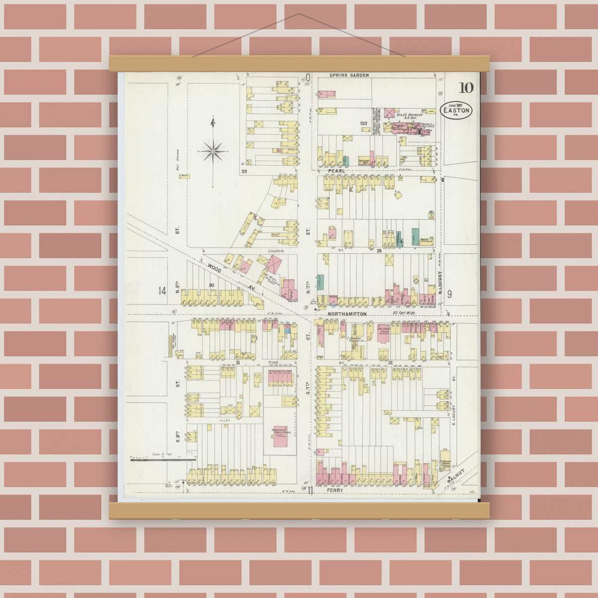 Old map wall art mockup — magnetic wood frame on brick wall — Sanborn Fire Insurance Map from Easton, Northampton County, Pennsylvania (1897), Sheet #0010
