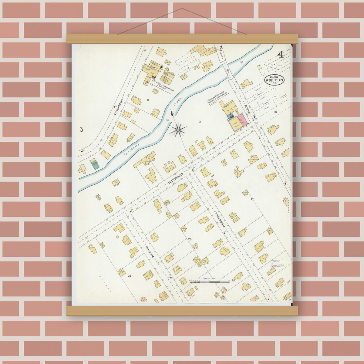 Old map wall art mockup — magnetic wood frame on brick wall — Sanborn Fire Insurance Map from Addison, Steuben County, New York (1903), Sheet #0004