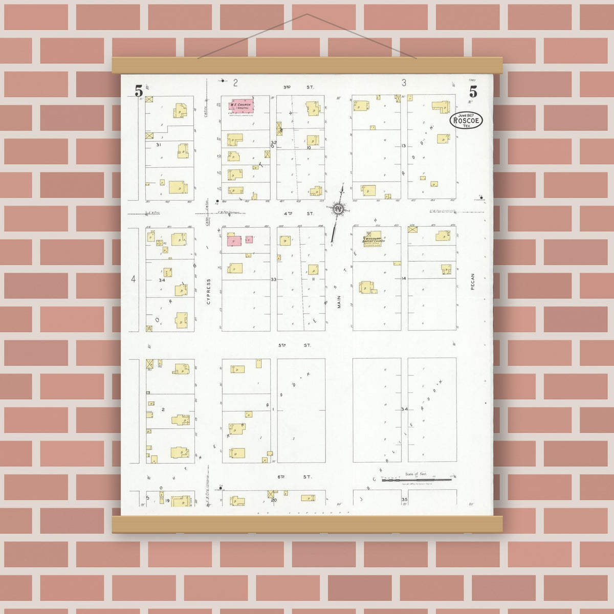 Old map wall art mockup — magnetic wood frame on brick wall — Sanborn Fire Insurance Map from Roscoe, Nolan County, Texas (1927), Sheet #0005