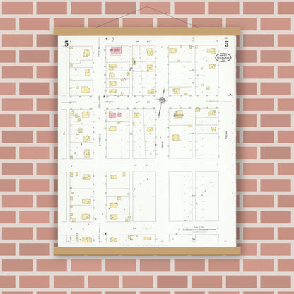 Old map wall art mockup — magnetic wood frame on brick wall — Sanborn Fire Insurance Map from Roscoe, Nolan County, Texas (1927), Sheet #0005