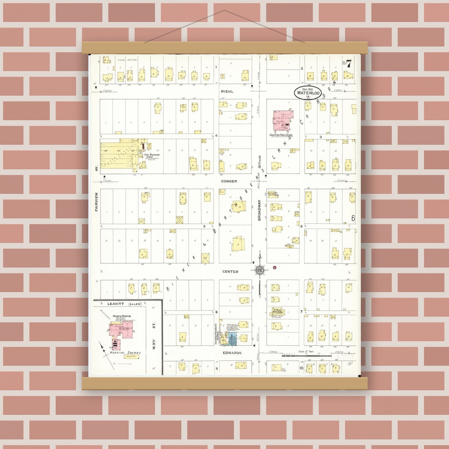 Old map wall art mockup — magnetic wood frame on brick wall — Sanborn Fire Insurance Map from Waterloo, Black Hawk County, Iowa (1910), Sheet #0007