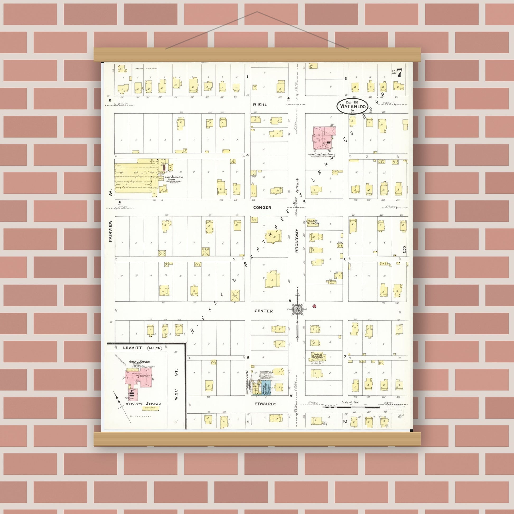 Old map wall art mockup — magnetic wood frame on brick wall — Sanborn Fire Insurance Map from Waterloo, Black Hawk County, Iowa (1910), Sheet #0007