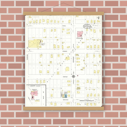Old map wall art mockup — magnetic wood frame on brick wall — Sanborn Fire Insurance Map from Waterloo, Black Hawk County, Iowa (1910), Sheet #0007