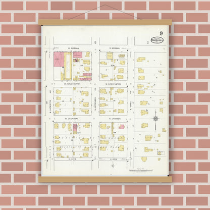 Old map wall art mockup — magnetic wood frame on brick wall — Sanborn Fire Insurance Map from Marshall, Saline County, Missouri (1917), Sheet #0009