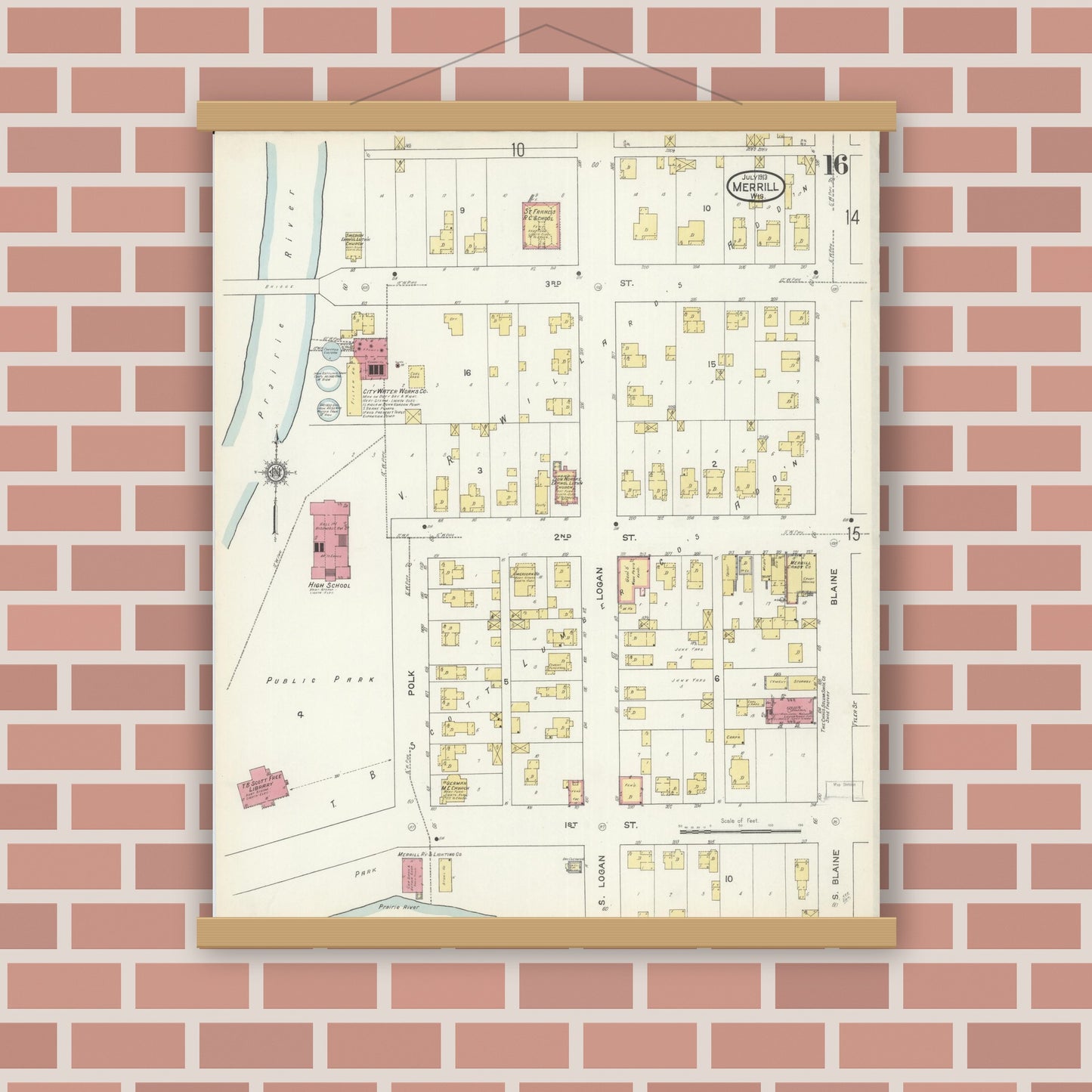 Old map wall art mockup — magnetic wood frame on brick wall — Sanborn Fire Insurance Map from Merrill, Lincoln County, Wisconsin (1913), Sheet #0016
