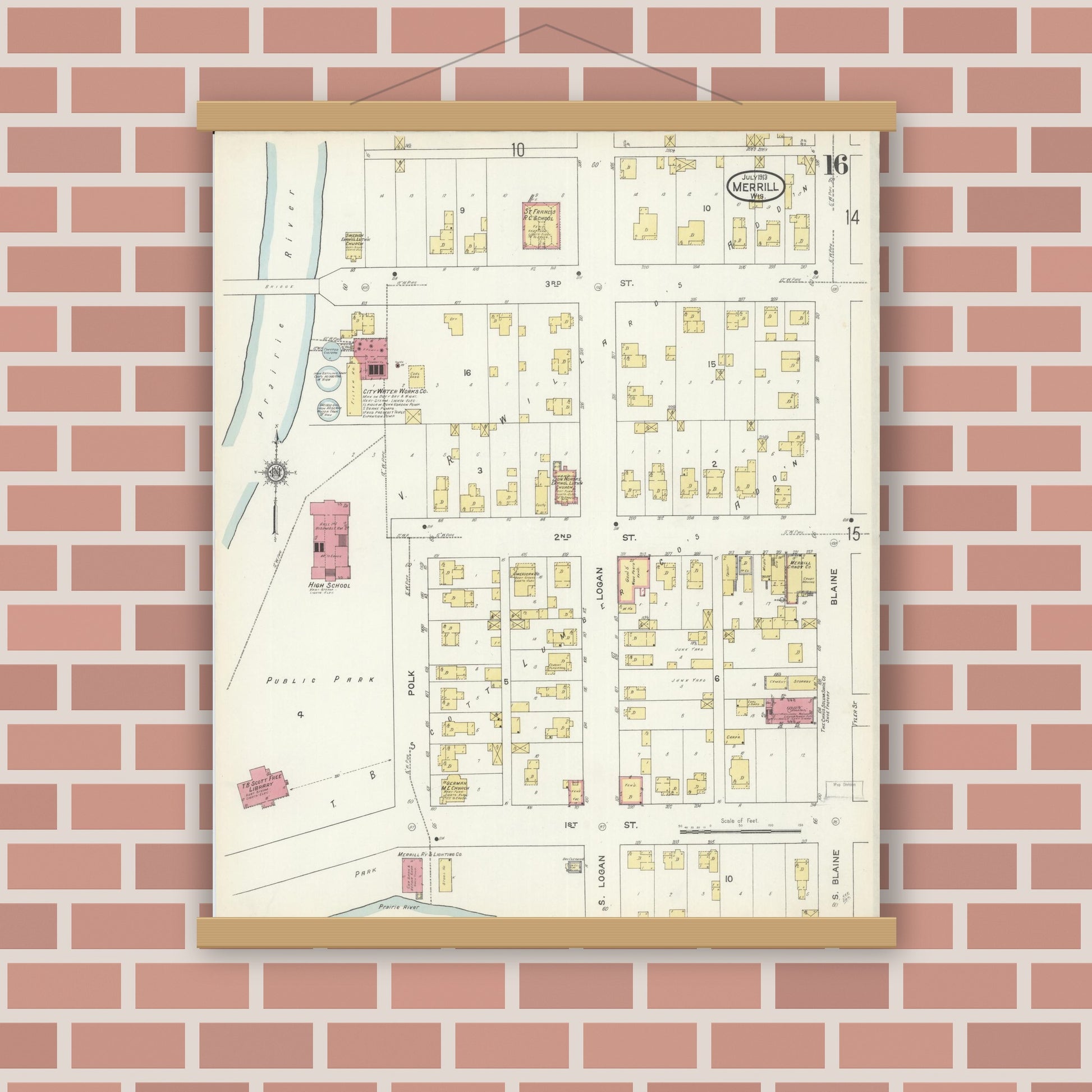 Old map wall art mockup — magnetic wood frame on brick wall — Sanborn Fire Insurance Map from Merrill, Lincoln County, Wisconsin (1913), Sheet #0016