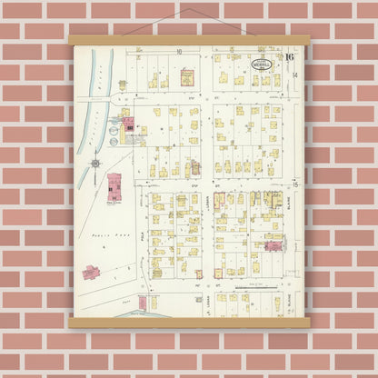 Old map wall art mockup — magnetic wood frame on brick wall — Sanborn Fire Insurance Map from Merrill, Lincoln County, Wisconsin (1913), Sheet #0016
