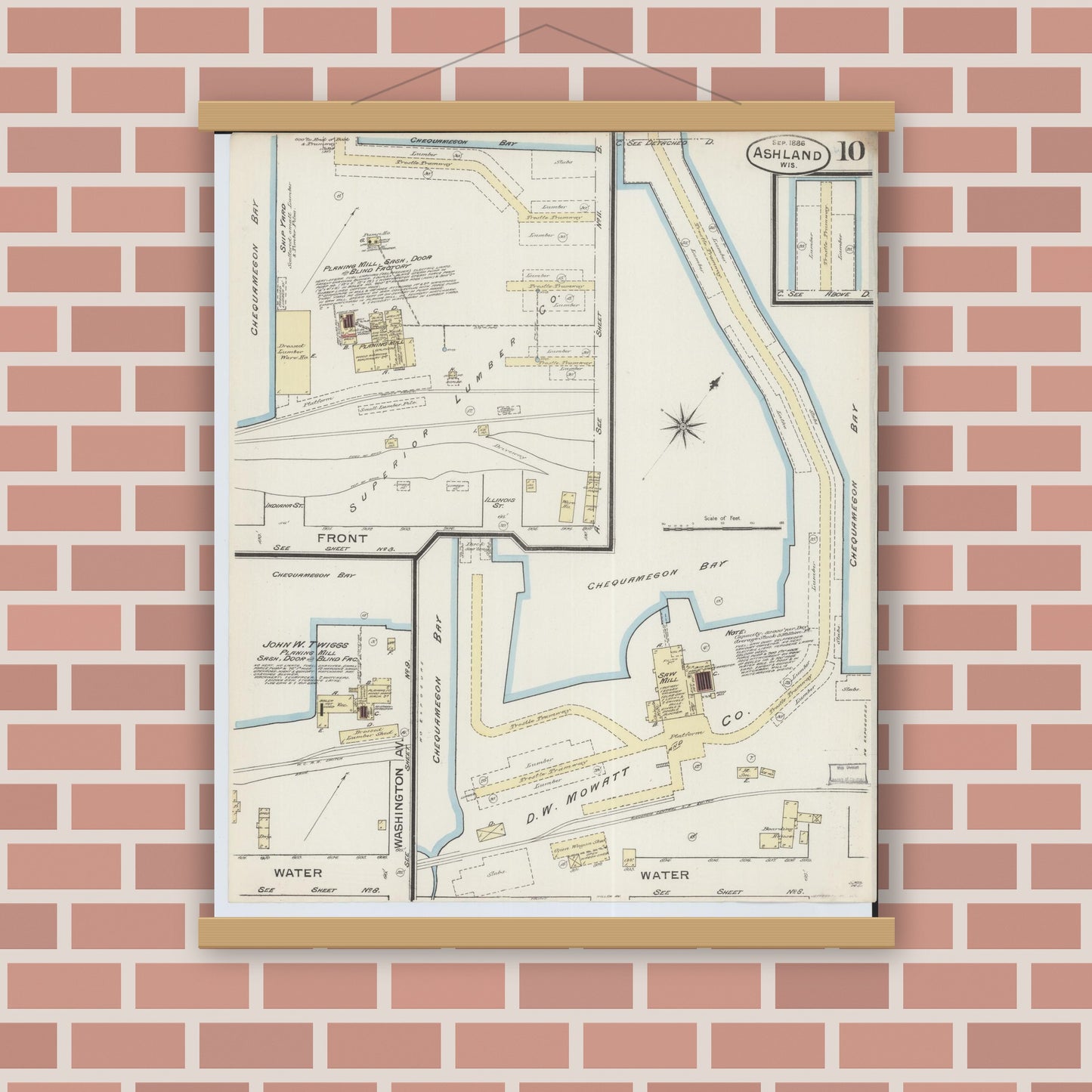 Old map wall art mockup — magnetic wood frame on brick wall — Sanborn Fire Insurance Map from Ashland, Ashland County, Wisconsin (1886), Sheet #0010