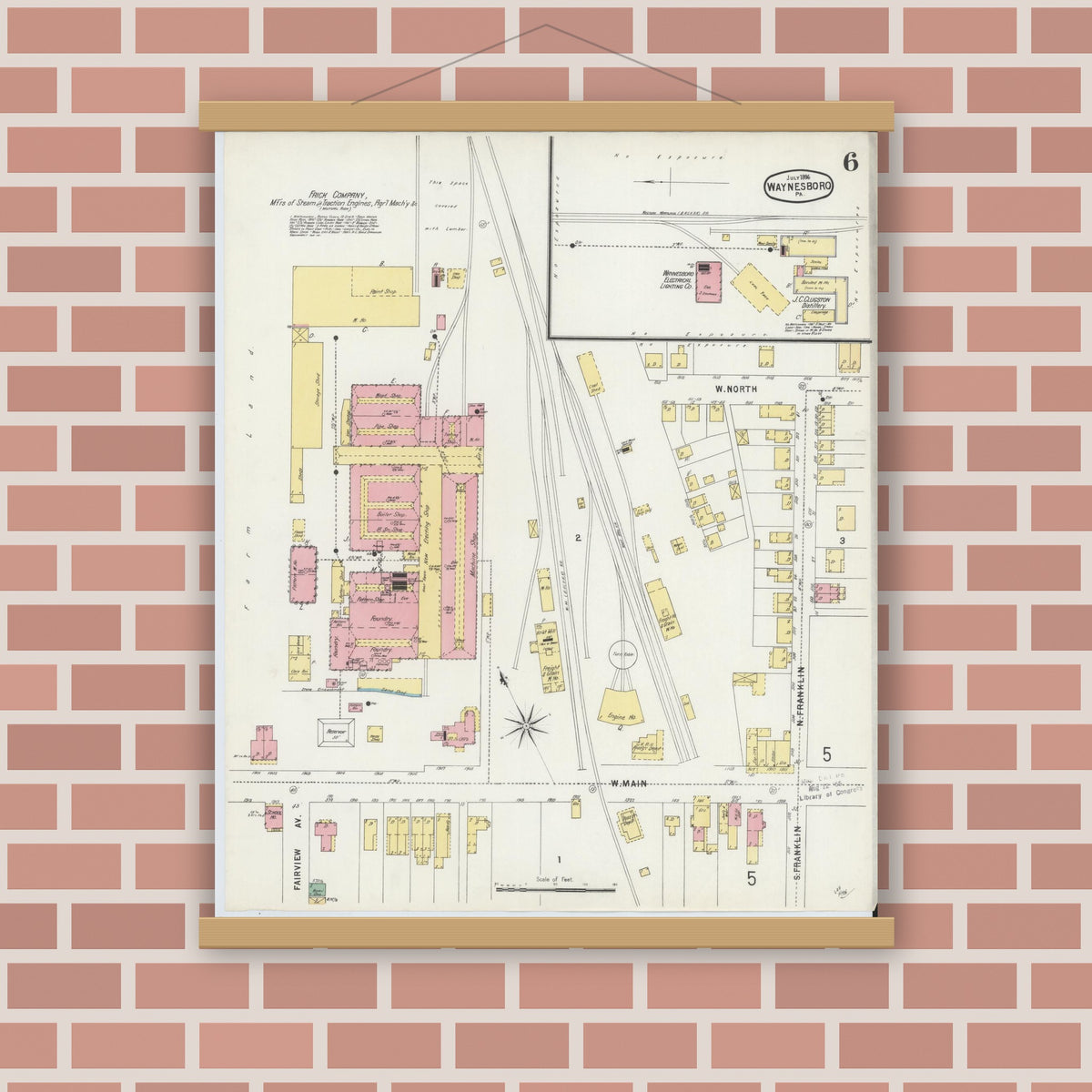 Old map wall art mockup — magnetic wood frame on brick wall — Sanborn Fire Insurance Map from Waynesboro, Franklin County, Pennsylvania (1896), Sheet #0006