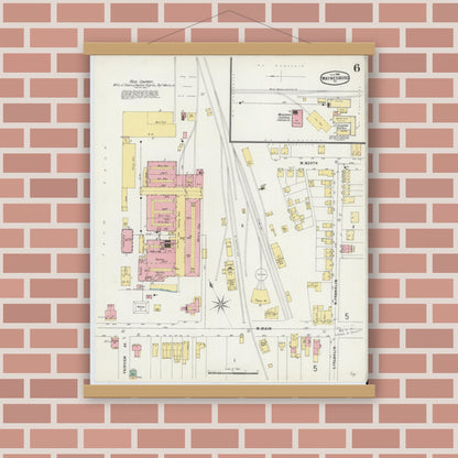 Old map wall art mockup — magnetic wood frame on brick wall — Sanborn Fire Insurance Map from Waynesboro, Franklin County, Pennsylvania (1896), Sheet #0006