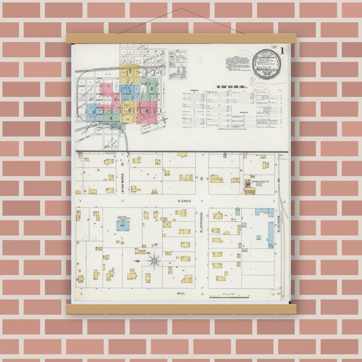 Old map wall art mockup — magnetic wood frame on brick wall — Sanborn Fire Insurance Map from Naperville, Du Page County, Illinois (1898), Sheet #0001
