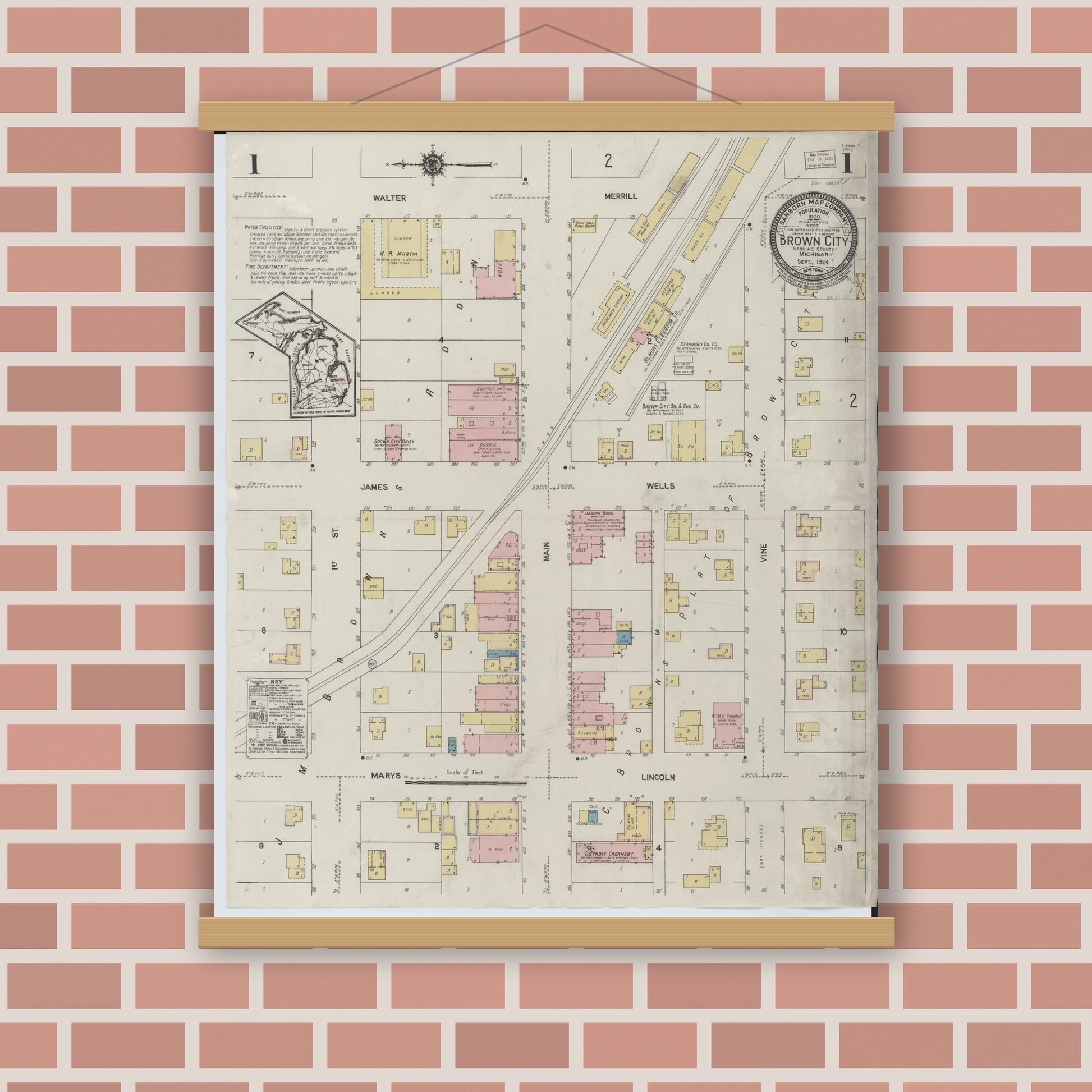 Old map wall art mockup — magnetic wood frame on brick wall — Sanborn Fire Insurance Map from Brown City, Sanilac County, Michigan (1924), Sheet #0001
