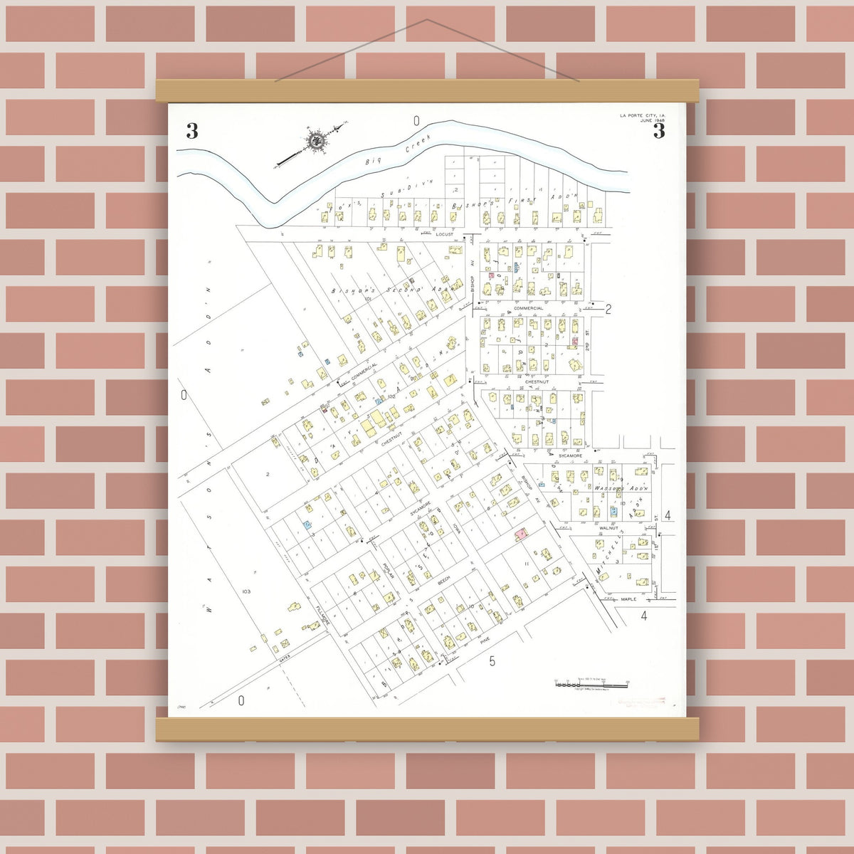 Old map wall art mockup — magnetic wood frame on brick wall — Sanborn Fire Insurance Map from La Porte City, Black Hawk County, Iowa (1948), Sheet #0003