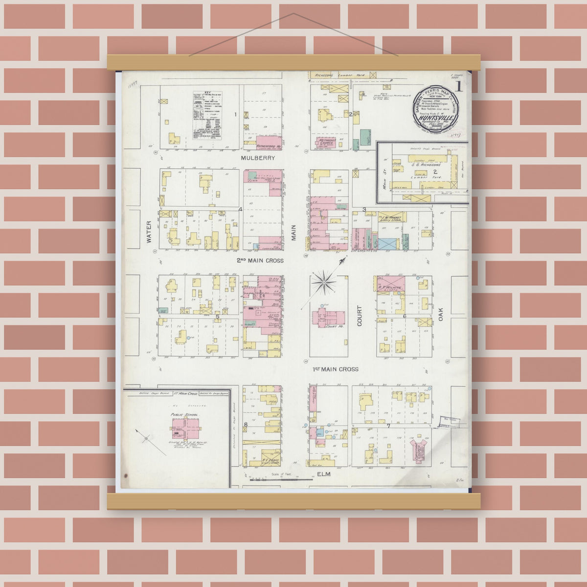 Old map wall art mockup — magnetic wood frame on brick wall — Sanborn Fire Insurance Map from Huntsville, Randolph County, Missouri (1893), Sheet #0001