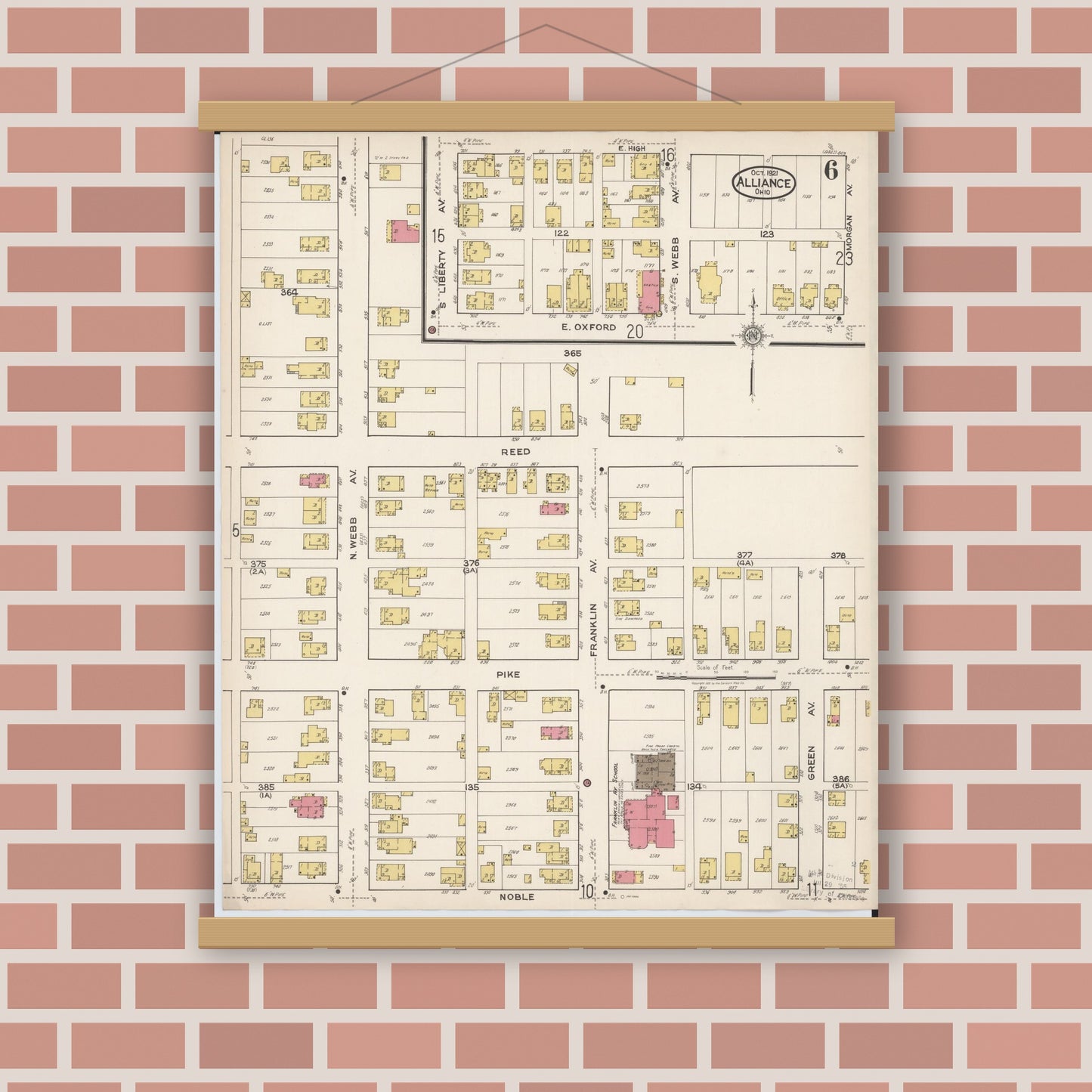Old map wall art mockup — magnetic wood frame on brick wall — Sanborn Fire Insurance Map from Alliance, Stark County, Ohio (1921), Sheet #0006