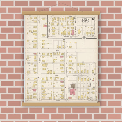 Old map wall art mockup — magnetic wood frame on brick wall — Sanborn Fire Insurance Map from Alliance, Stark County, Ohio (1921), Sheet #0006