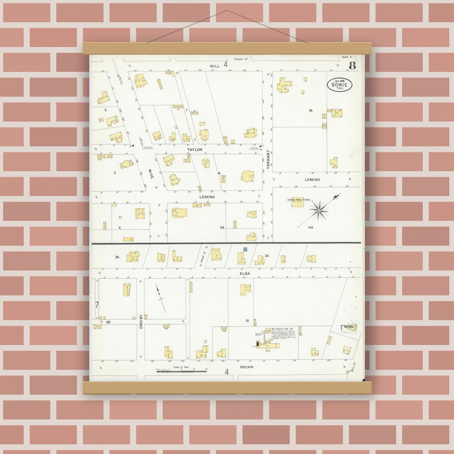 Old map wall art mockup — magnetic wood frame on brick wall — Sanborn Fire Insurance Map from Bowie, Montague County, Texas (1908), Sheet #0008