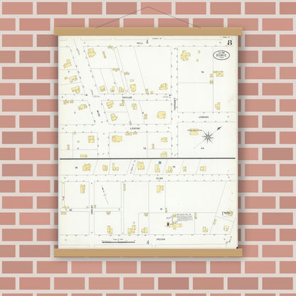 Old map wall art mockup — magnetic wood frame on brick wall — Sanborn Fire Insurance Map from Bowie, Montague County, Texas (1908), Sheet #0008