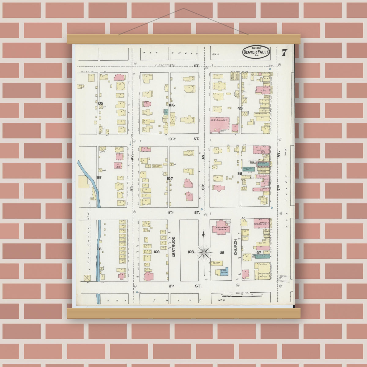 Old map wall art mockup — magnetic wood frame on brick wall — Sanborn Fire Insurance Map from Beaver Falls, Beaver County, Pennsylvania (1891), Sheet #0007
