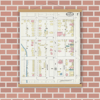 Old map wall art mockup — magnetic wood frame on brick wall — Sanborn Fire Insurance Map from Beaver Falls, Beaver County, Pennsylvania (1891), Sheet #0007