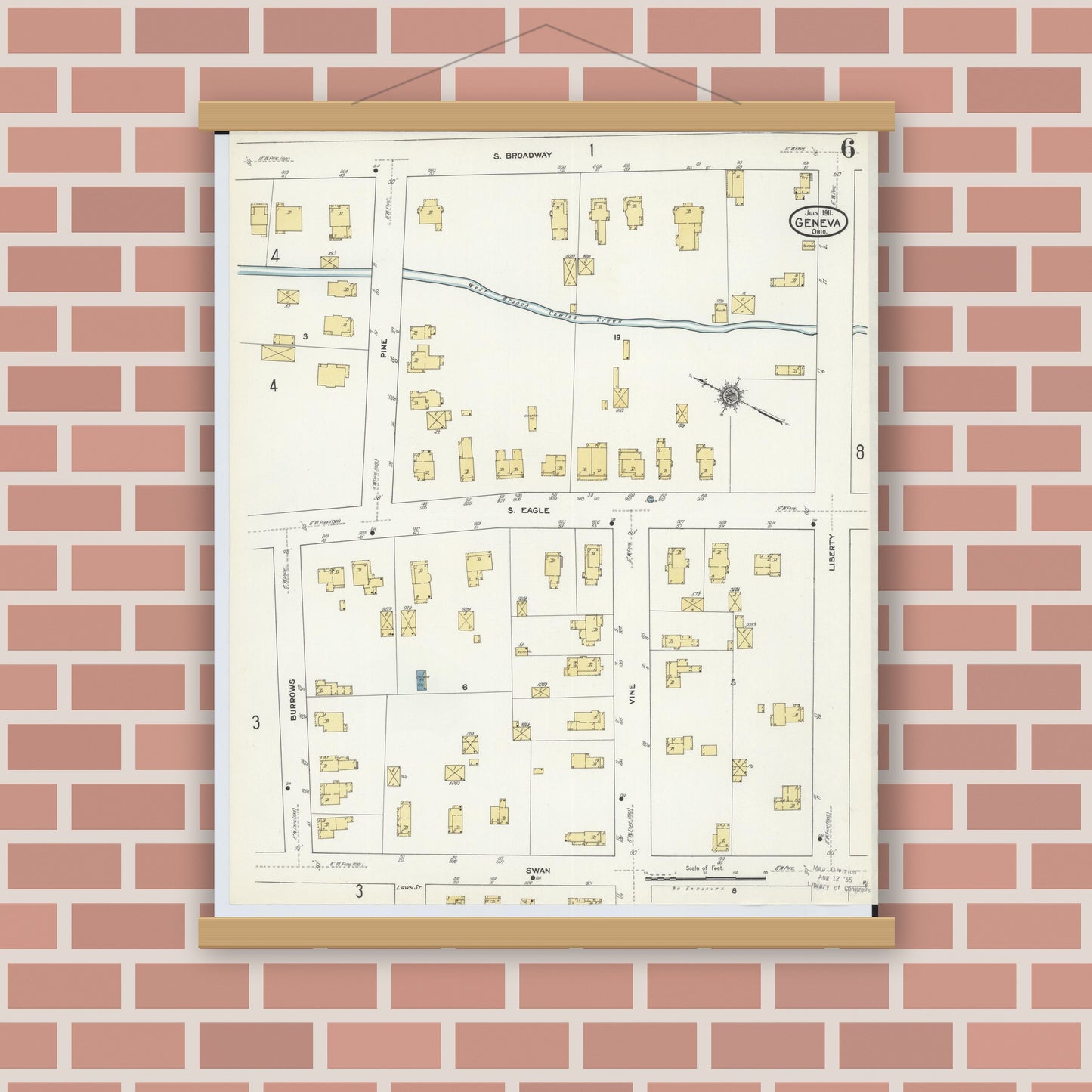 Old map wall art mockup — magnetic wood frame on brick wall — Sanborn Fire Insurance Map from Geneva, Ashtabula County, Ohio (1911), Sheet #0006