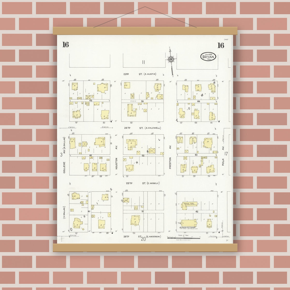 Old map wall art mockup — magnetic wood frame on brick wall — Sanborn Fire Insurance Map from Bryan, Brazos County, Texas (1925), Sheet #0016