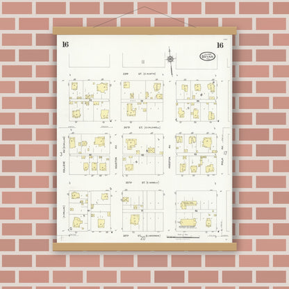 Old map wall art mockup — magnetic wood frame on brick wall — Sanborn Fire Insurance Map from Bryan, Brazos County, Texas (1925), Sheet #0016