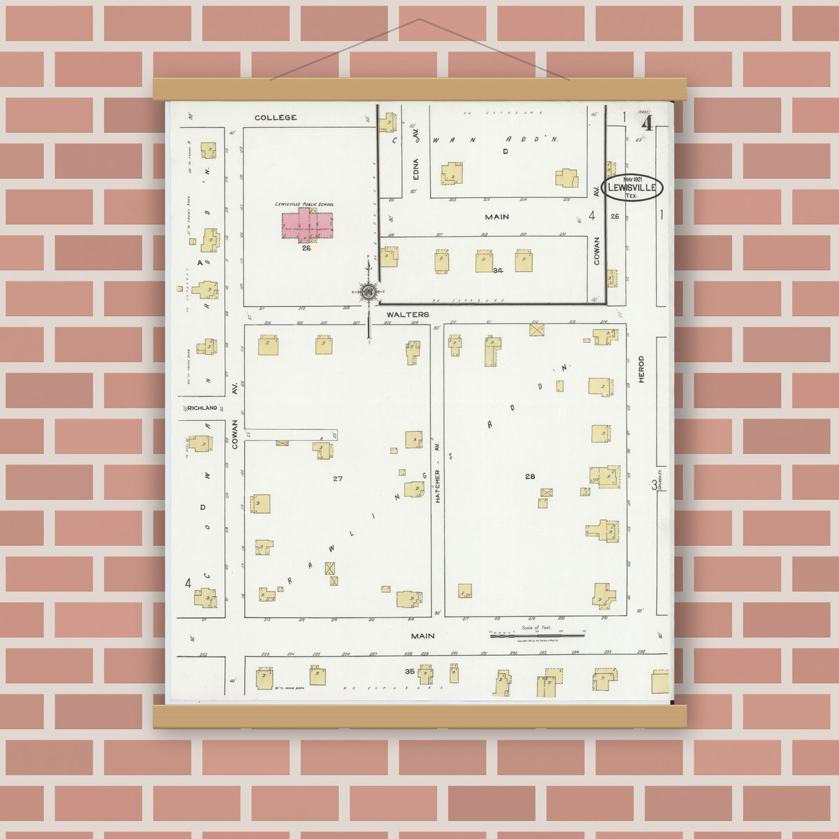 Old map wall art mockup — magnetic wood frame on brick wall — Sanborn Fire Insurance Map from Lewisville, Denton County, Texas (1921), Sheet #0004