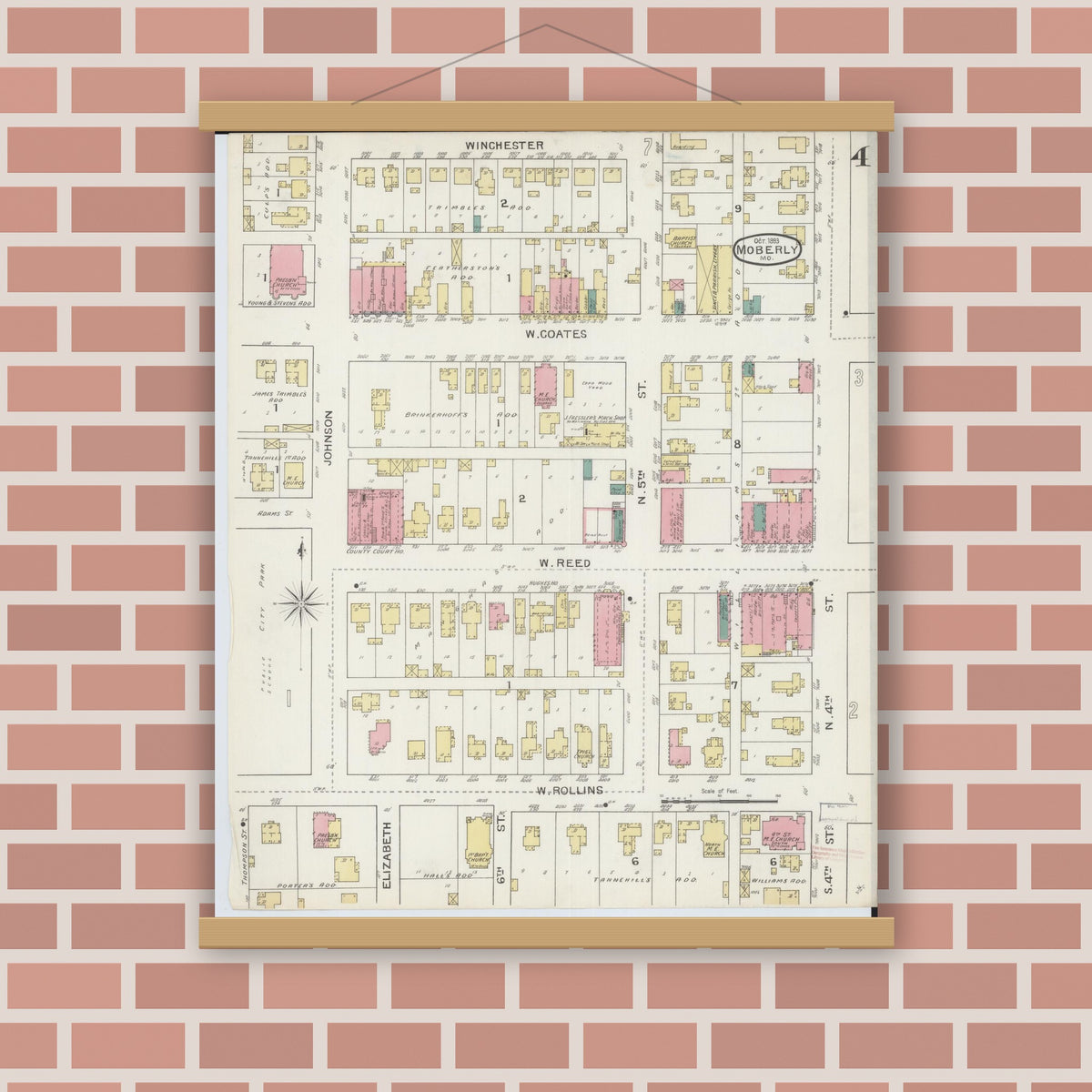 Old map wall art mockup — magnetic wood frame on brick wall — Sanborn Fire Insurance Map from Moberly, Randolph County, Missouri (1893), Sheet #0004