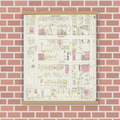 Old map wall art mockup — magnetic wood frame on brick wall — Sanborn Fire Insurance Map from Moberly, Randolph County, Missouri (1893), Sheet #0004