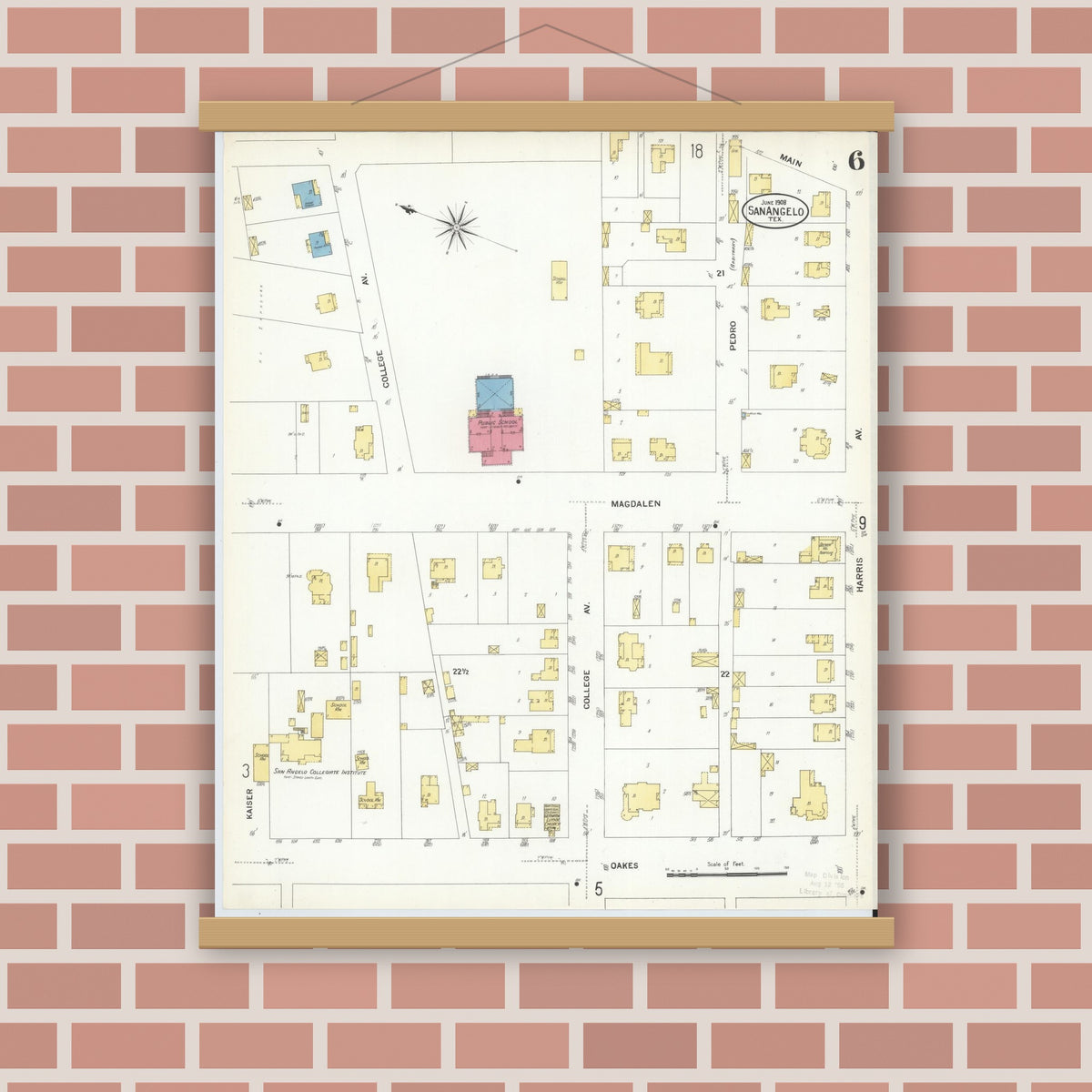 Old map wall art mockup — magnetic wood frame on brick wall — Sanborn Fire Insurance Map from San Angelo, Tom Green County, Texas (1908), Sheet #0006