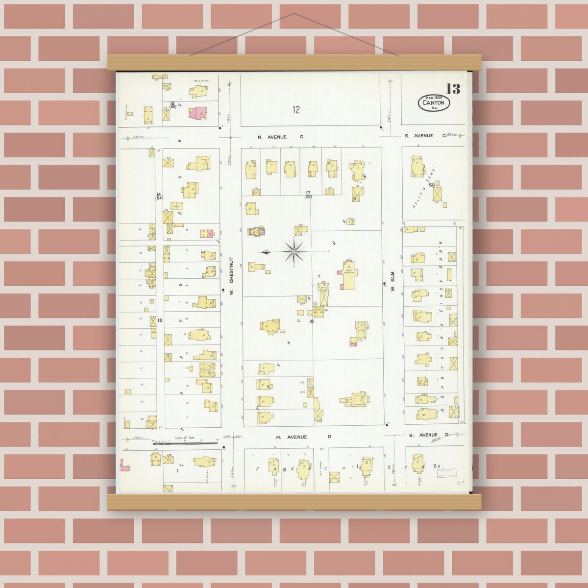 Old map wall art mockup — magnetic wood frame on brick wall — Sanborn Fire Insurance Map from Canton, Fulton County, Illinois (1909), Sheet #0013