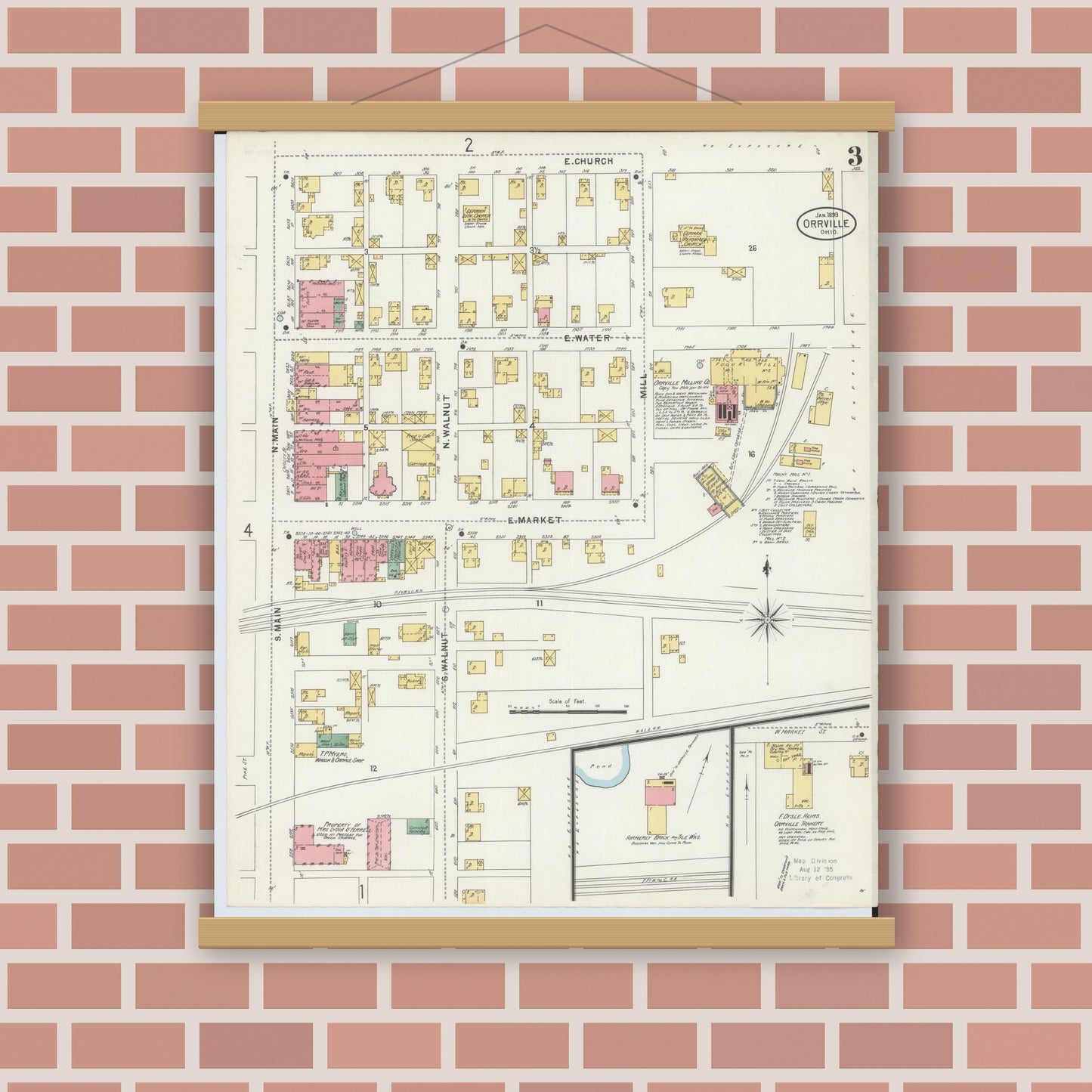 Old map wall art mockup — magnetic wood frame on brick wall — Sanborn Fire Insurance Map from Orrville, Wayne County, Ohio (1899), Sheet #0003