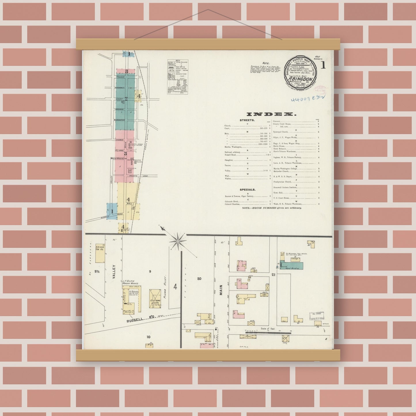 Old map wall art mockup — magnetic wood frame on brick wall — Sanborn Fire Insurance Map from Abingdon, Washington County, Virginia (1897) - Complete Map Set