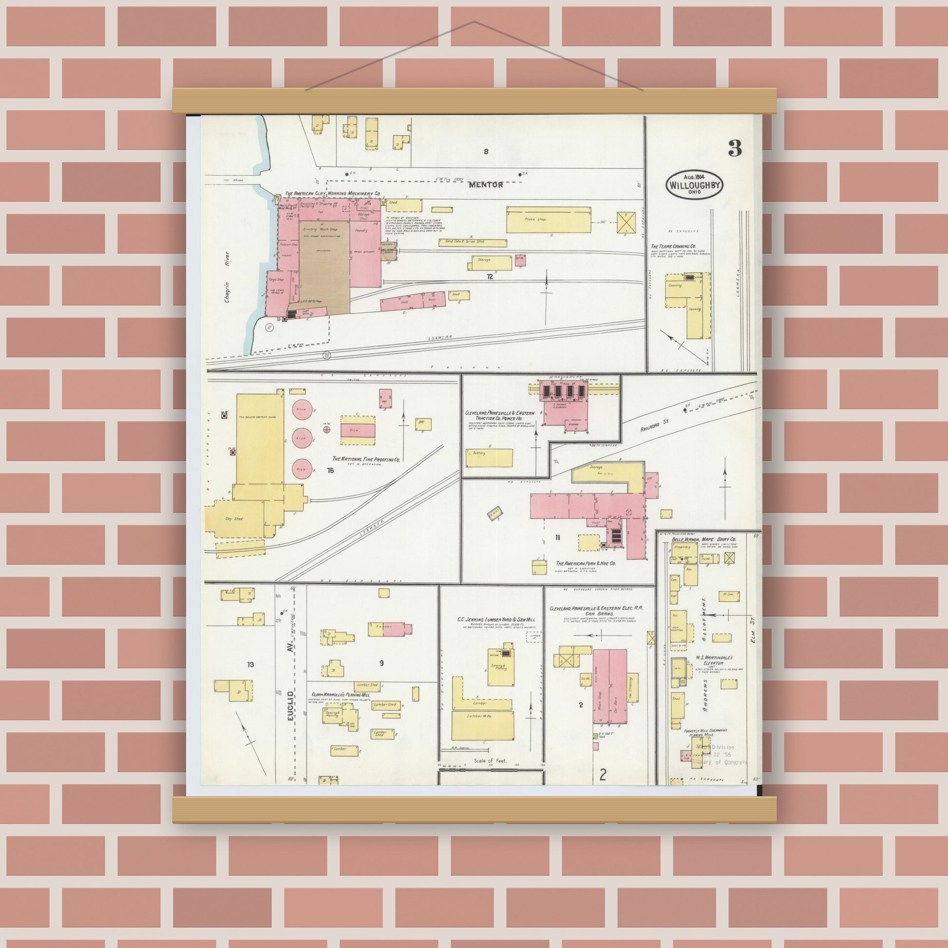 Old map wall art mockup — magnetic wood frame on brick wall — Sanborn Fire Insurance Map from Willoughby, Lake County, Ohio (1904), Sheet #0003