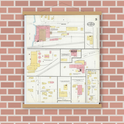 Old map wall art mockup — magnetic wood frame on brick wall — Sanborn Fire Insurance Map from Willoughby, Lake County, Ohio (1904), Sheet #0003
