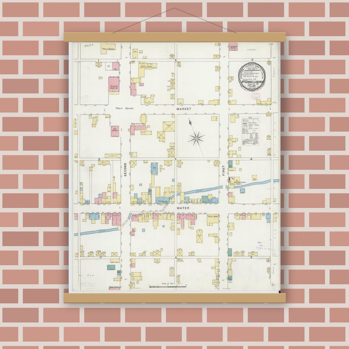 Old map wall art mockup — magnetic wood frame on brick wall — Sanborn Fire Insurance Map from McConnellsburgh, Fulton County, Pennsylvania (1894), Sheet #0001