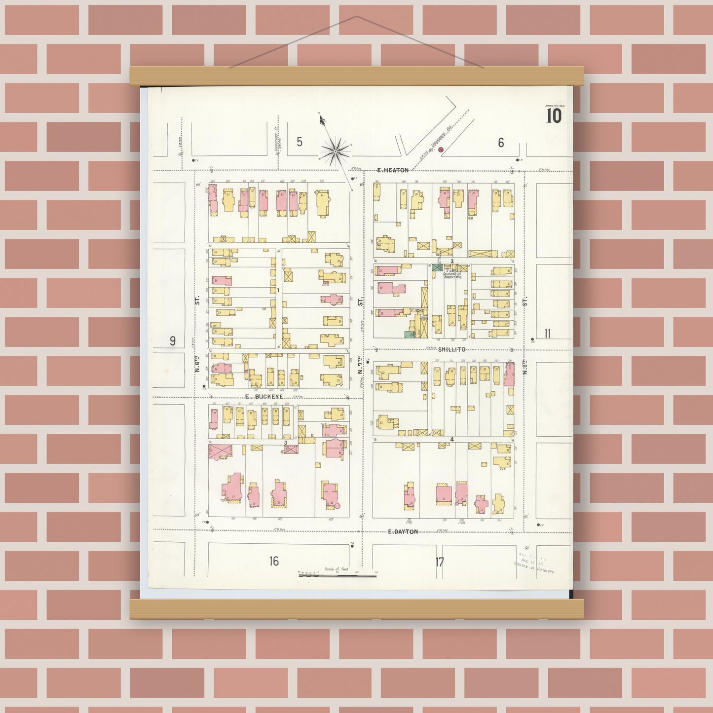 Old map wall art mockup — magnetic wood frame on brick wall — Sanborn Fire Insurance Map from Hamilton, Butler County, Ohio (1899), Sheet #0010